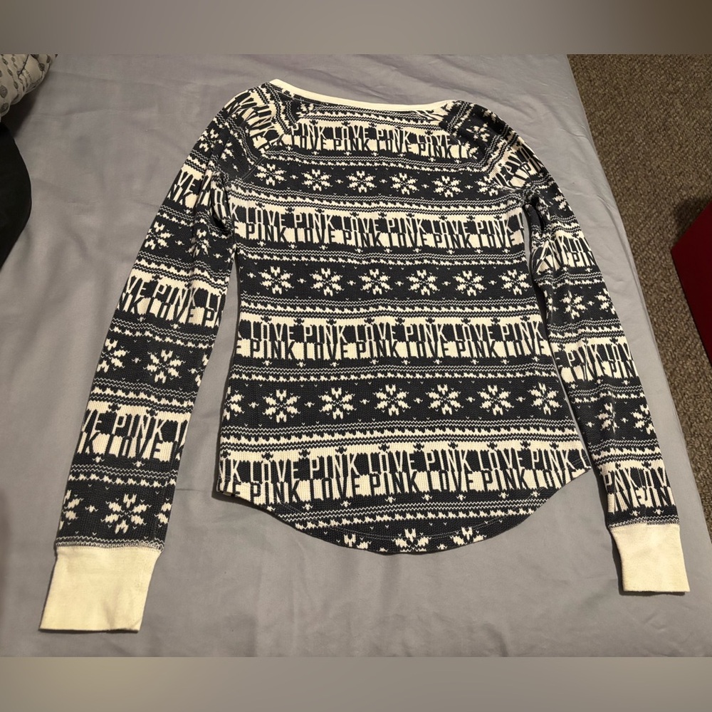 Victoria’s Secret VS PINK Cream/Off White Black Printed Long Sleeve Top Size S - Picture 5 of 5